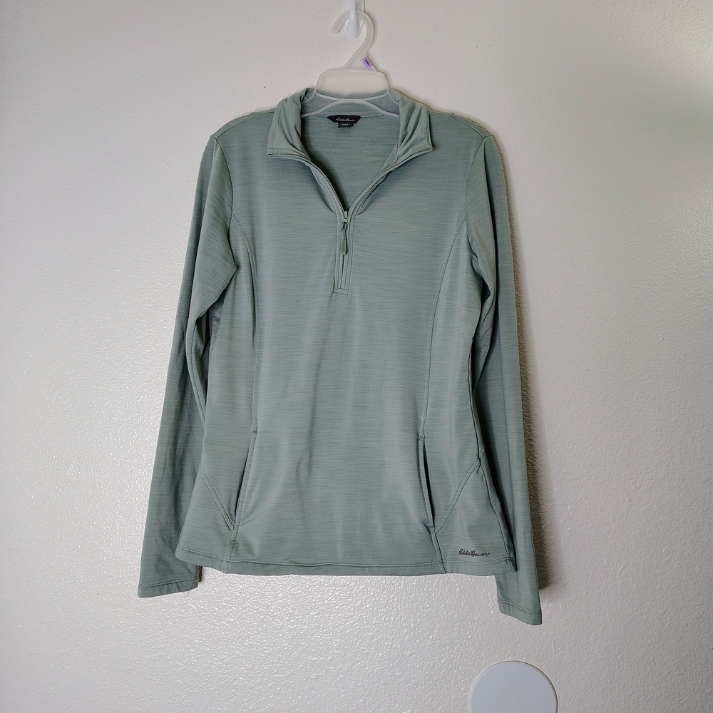 Eddie Bauer Sage AppleGreen Quarter Zip Pullover Women M Kangaroo Pocket -stain-